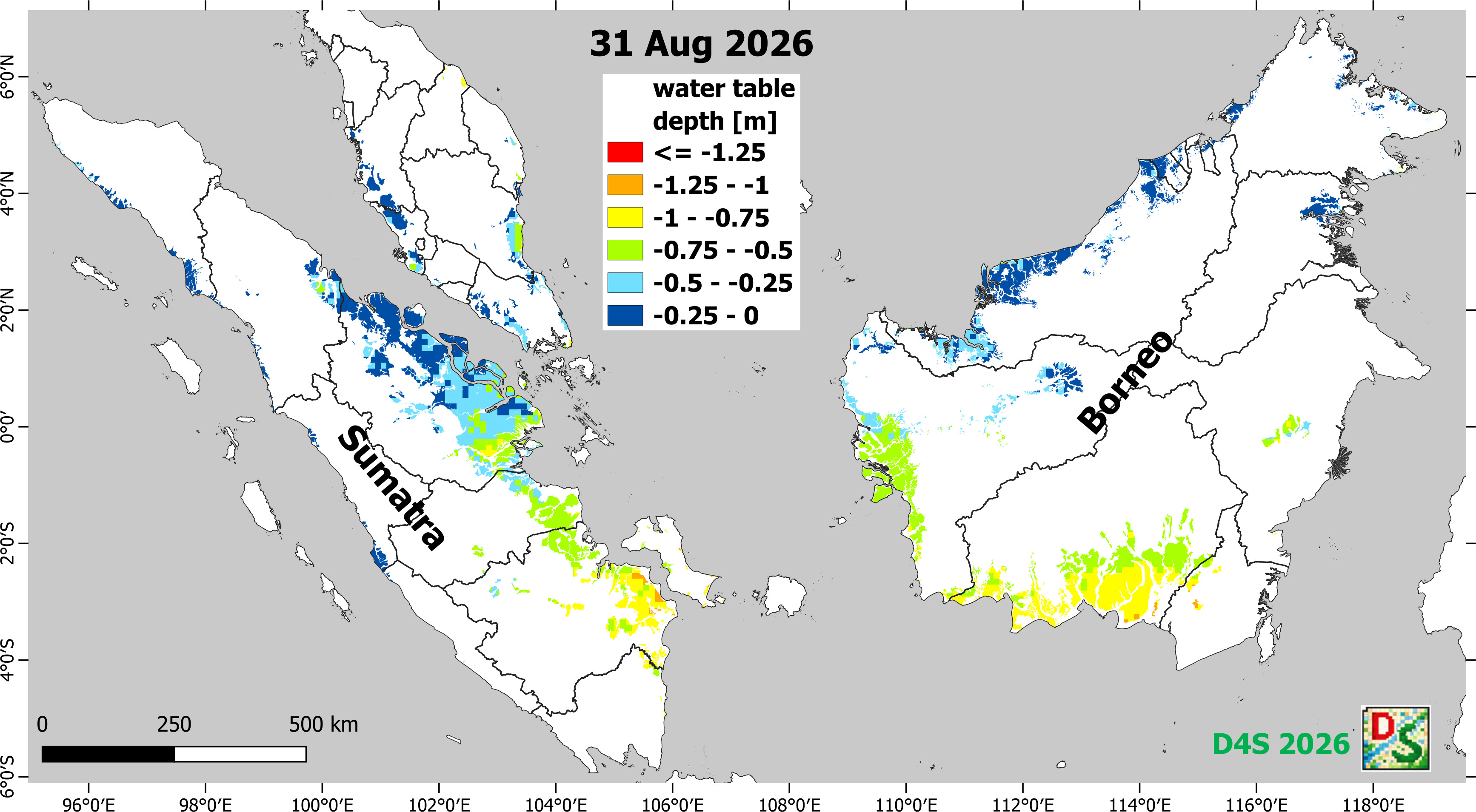 Map of modelled water table depth in undrained peat swamp forest, SE Asia