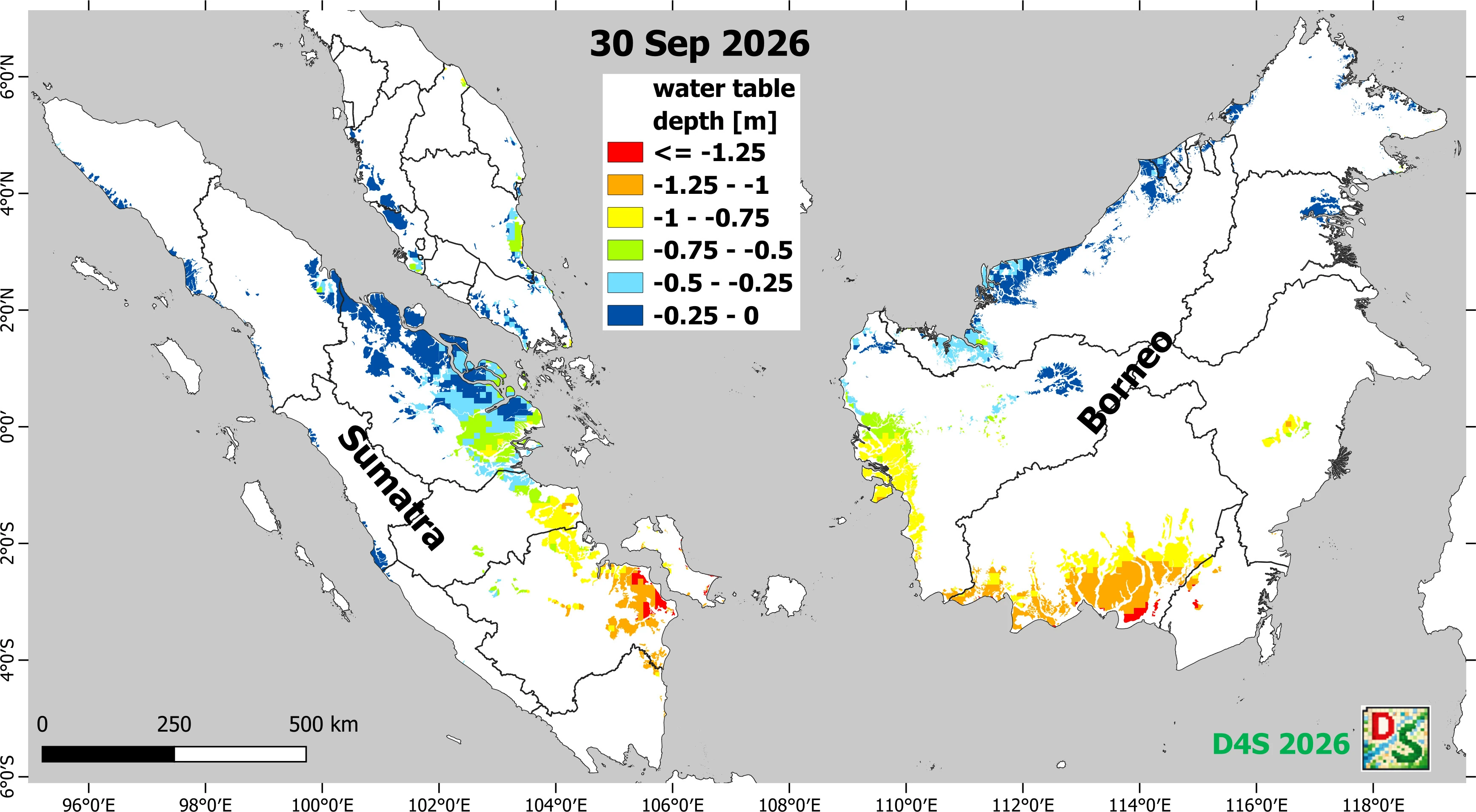 Map of modelled water table depth in undrained peat swamp forest, SE Asia